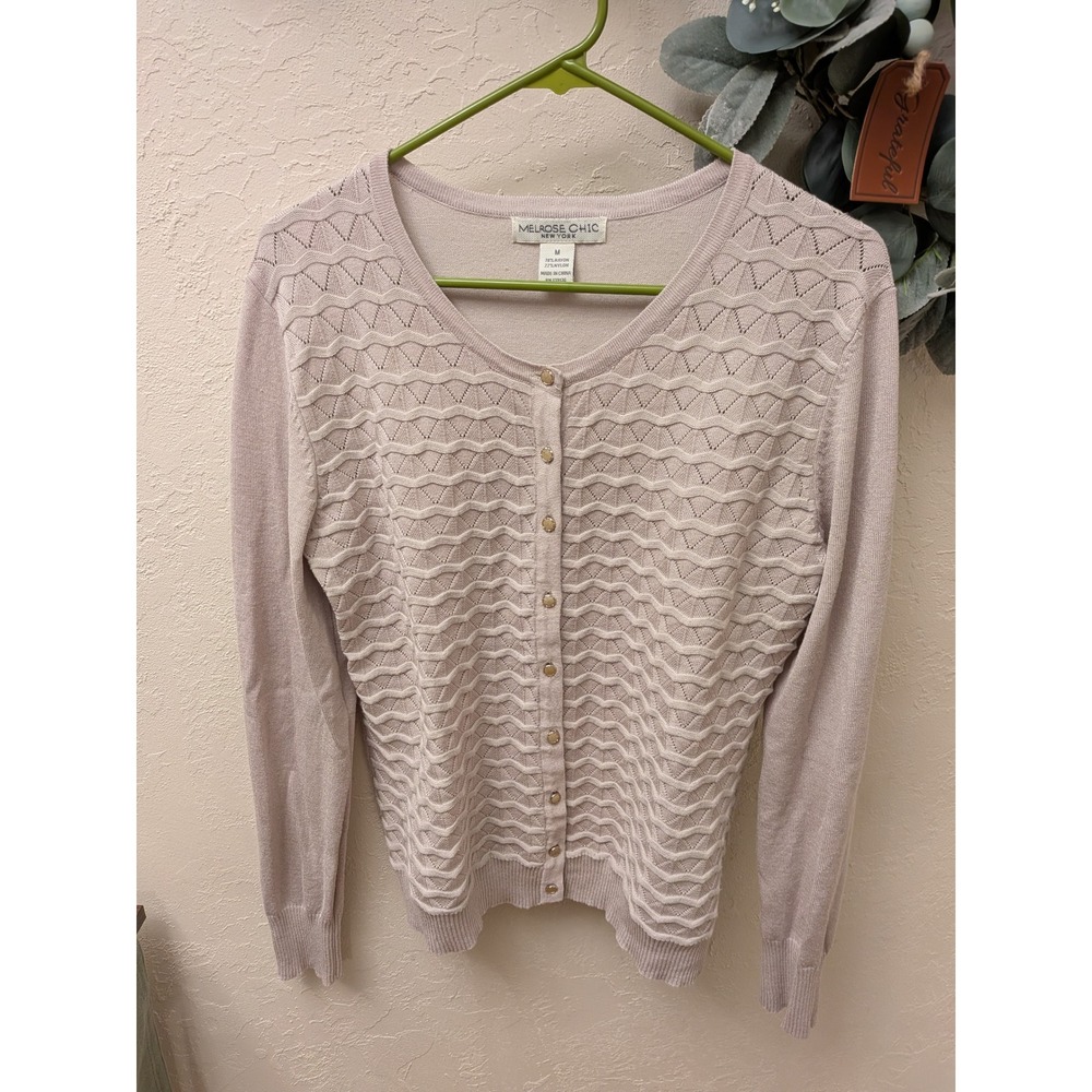 Melrose Chic New York Womens Beige Textured Pointelle Knit‎ Button Cardigan M
